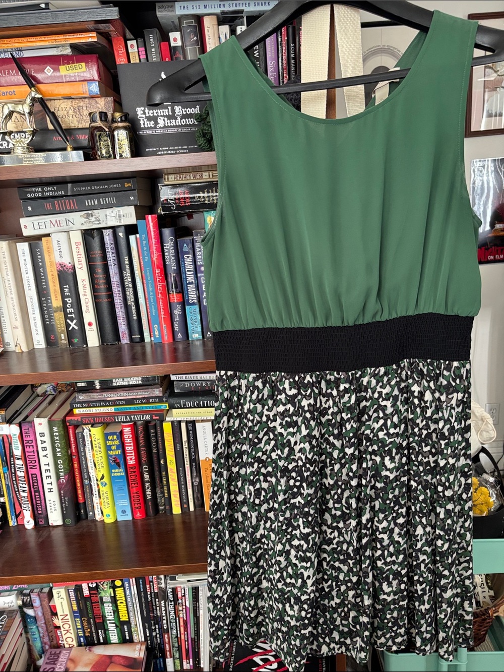 LOFT Green Sleeveless Dress with Black Waist and Printed Skirt